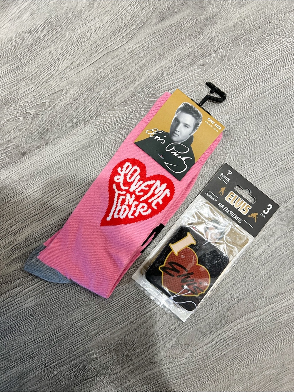 2 pack Elvis Presley  Pink Red Heart Graphic Socks and car air coconut freshener